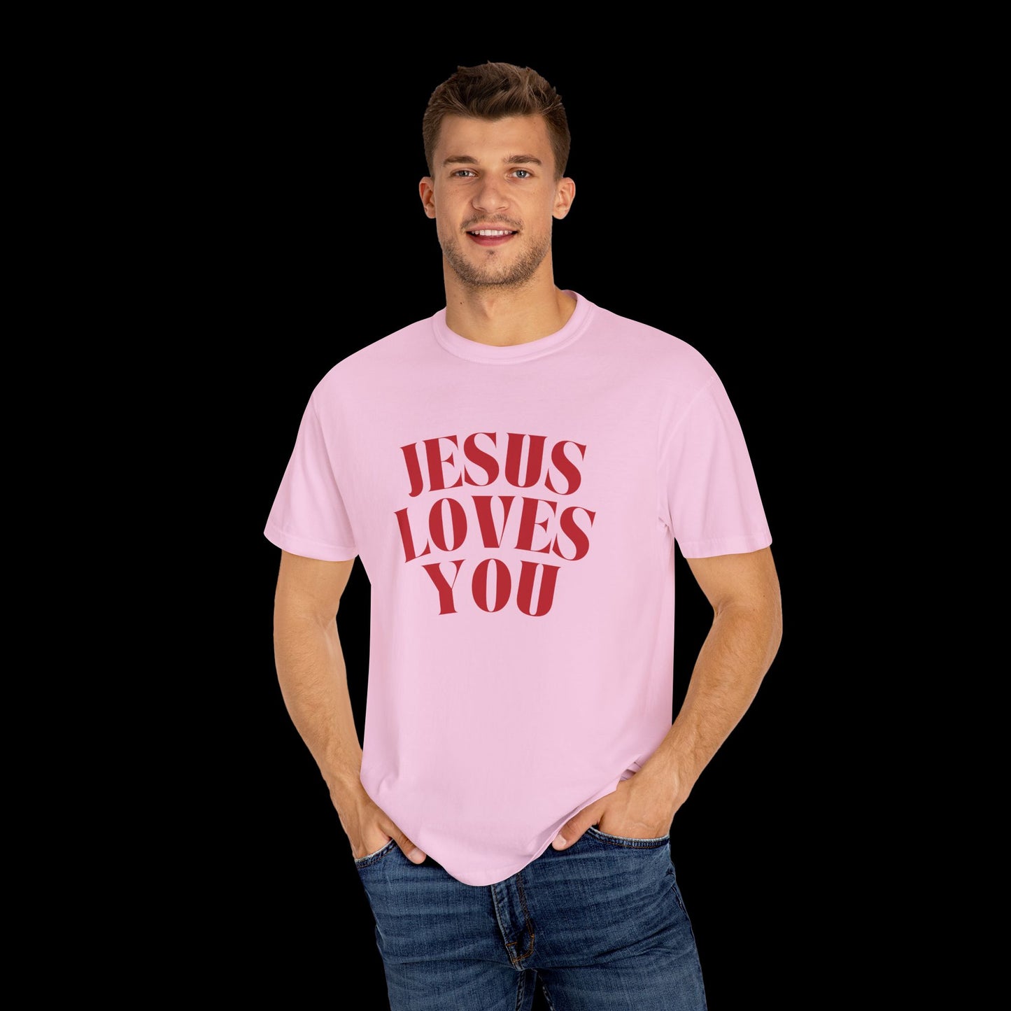 Curved Jesus Loves You Unisex Garment-Dyed T-shirt, Faith Tee, Christian Shirt, Inspirational Apparel, Casual Wear, Gift for Believers