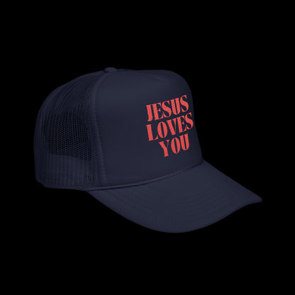 Jesus Loves You - 5 Panel Embroidered Faith Trucker Hat - Christian Cap, Outdoor Hat, Gift for Believers, Casual Wear, Message Hat