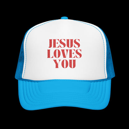 Jesus Loves You - 5 Panel Embroidered Faith Trucker Hat - Christian Cap, Outdoor Hat, Gift for Believers, Casual Wear, Message Hat